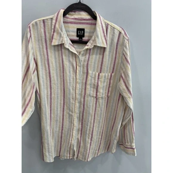 GAP Linen Blend Striped Button Up Shirt Women's Large Long Sleeve Casual - Picture 5 of 11